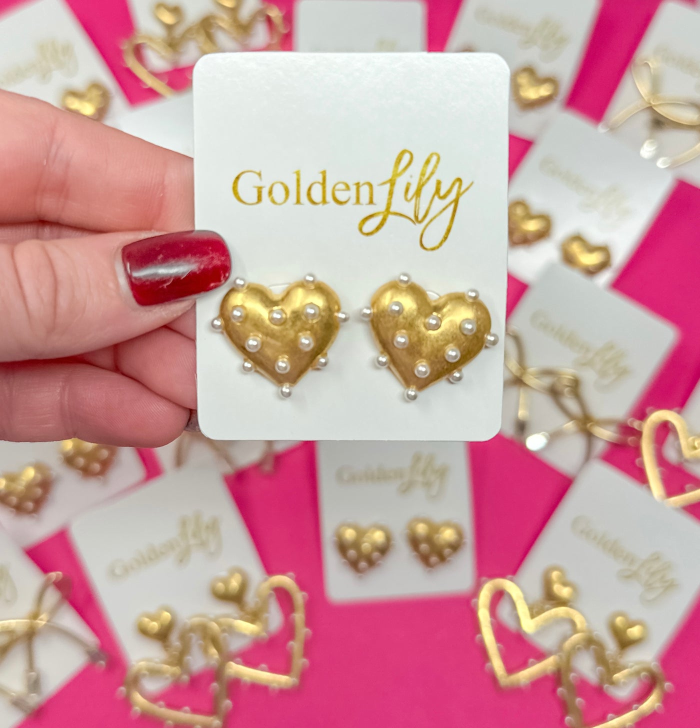 Gold Heart with Pearl Stud Earrings