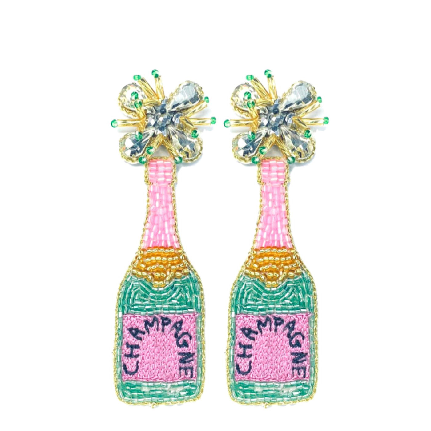 WS Champagne Bottle Earrings - Pink and Green