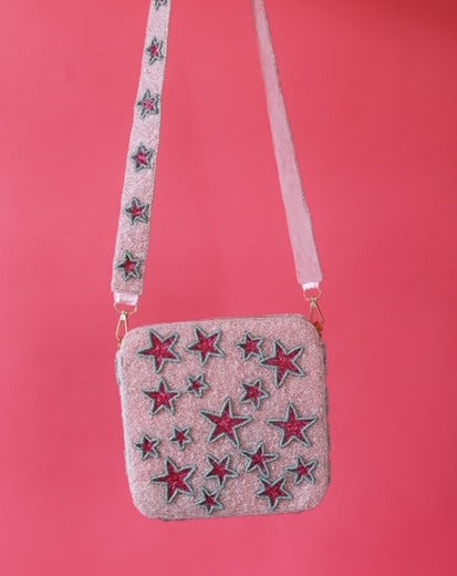 WS Seed Bead Bag - Pink and Silver Stars