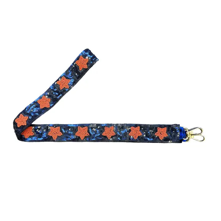 Sequin Bag Strap - Navy w/ Orange Stars