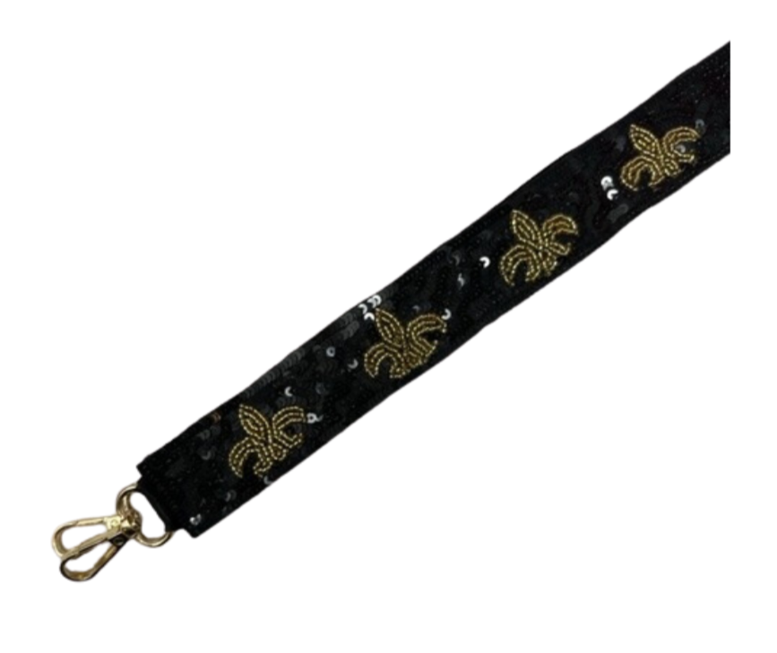 Sequin Bag Strap - Black w/ Gold Fleur De Lis