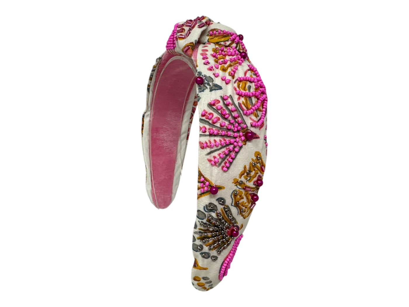 Block Print Headband - Cream w/ Pink, Orange & Grey