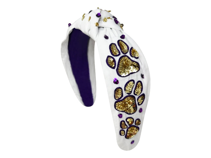 WS Headband Knot - Purple with Sequin Gold Paws