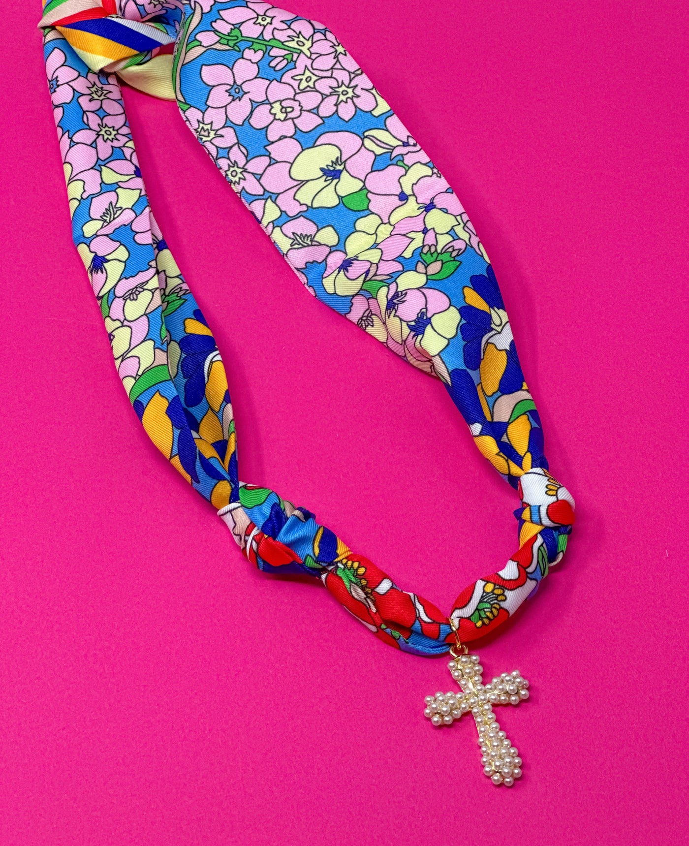 Scarf Charm Necklace – Blue Floral with Pearl Cross