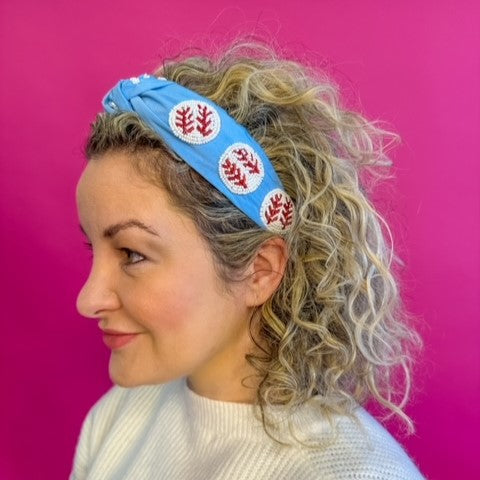 Headband Knot - Beaded Baseball - Columbia Blue