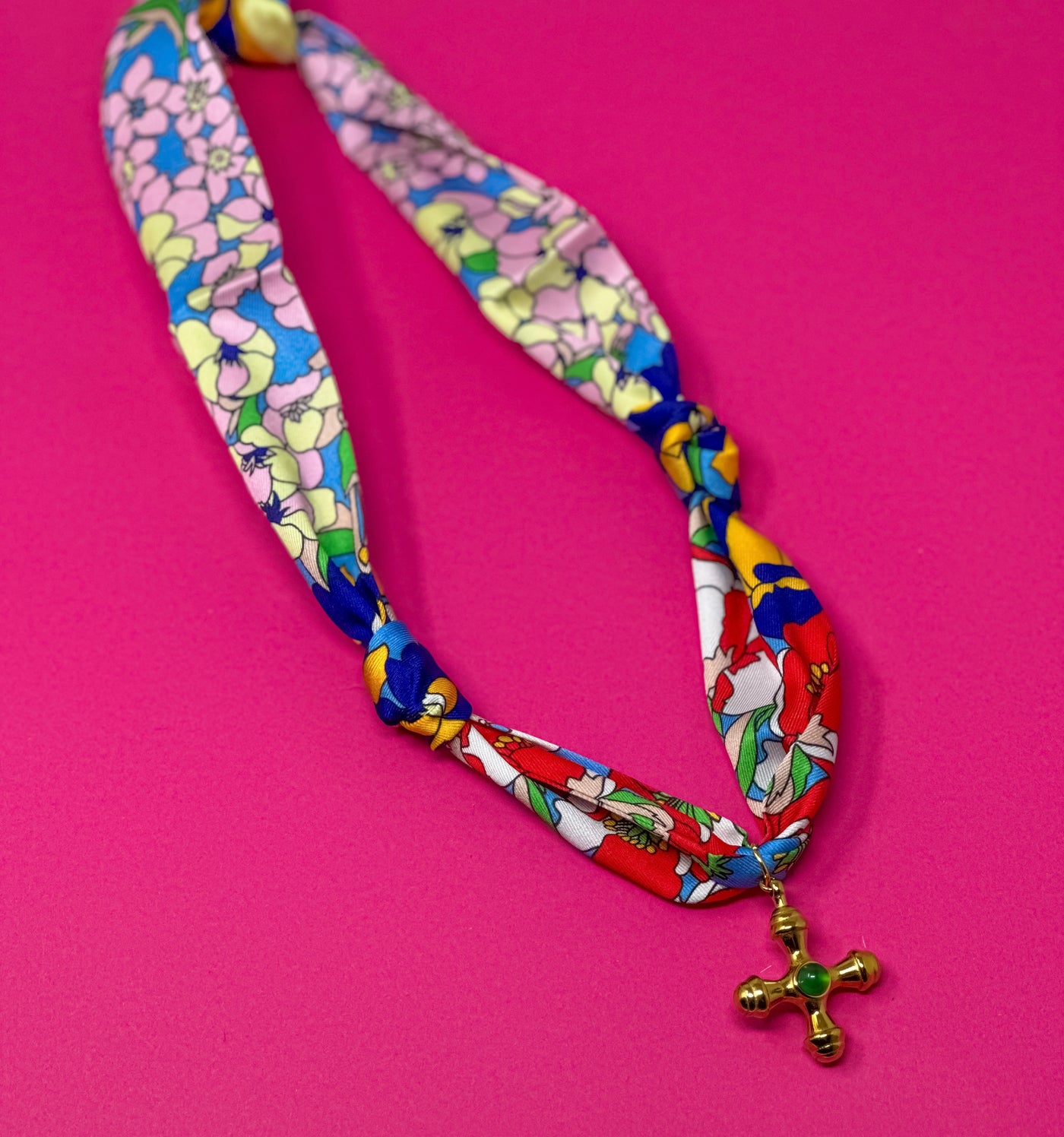 *Scarf Charm Necklace - Multi Blue and Green Scarf with Gold and Green Cross