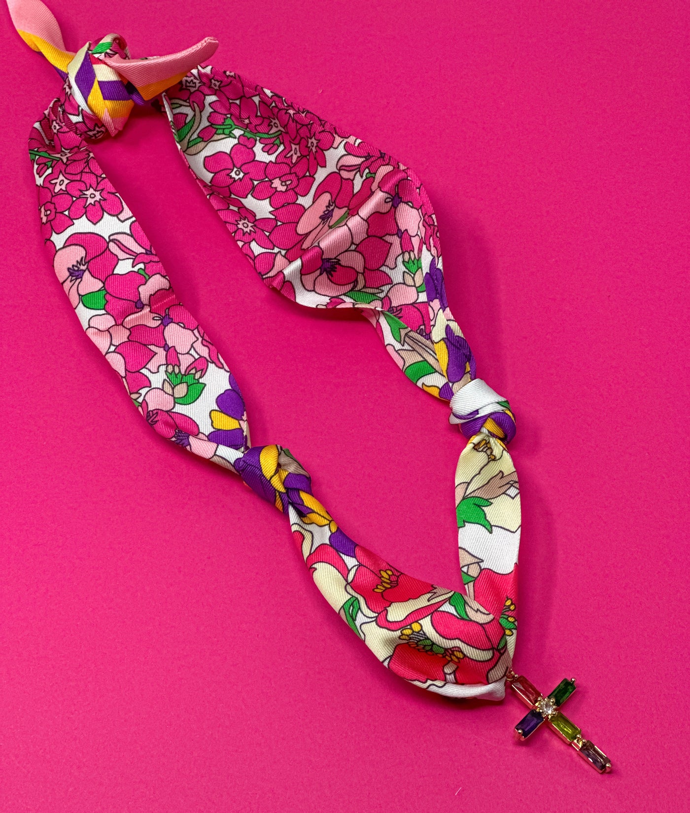 *Scarf Charm Necklace - Pink and Purple Multi Flowers with Multi Rhinestone Cross