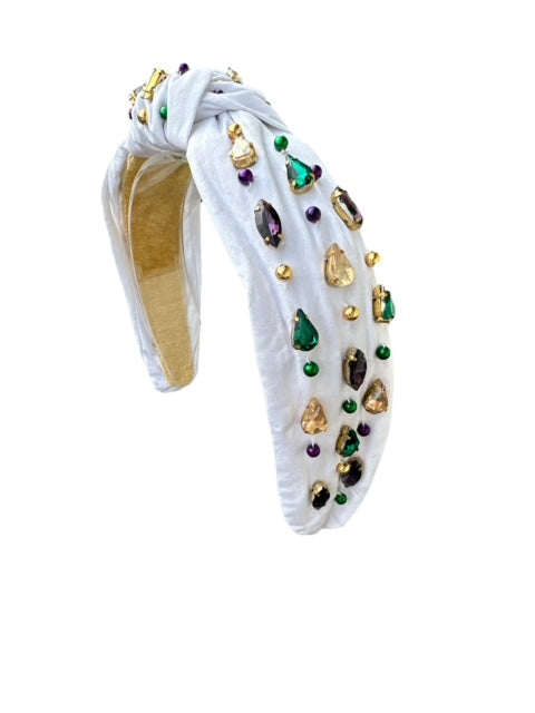 Headband Knot - Mardi Gras - White with Rhinestone and Beads