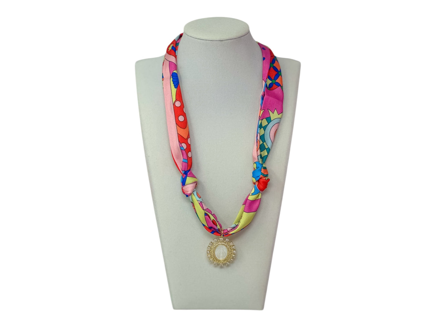 Scarf Charm Necklace - Retro Pink w Pearl Rhinestone Mary Pendant