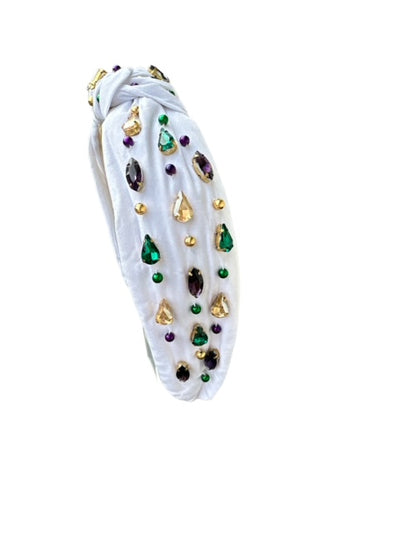 Headband Knot - Mardi Gras - White with Rhinestone and Beads