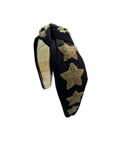 Headband Knot - Seed Bead Stars - Black w/ Gold