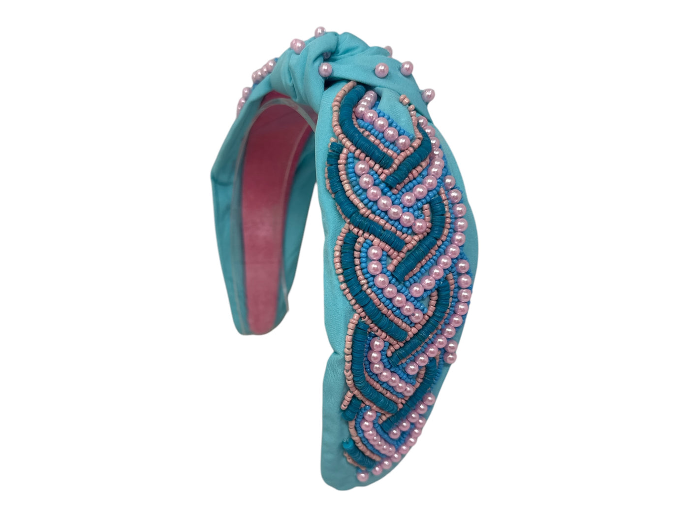Headband Knot - Pearl & Bead Twist - Turquoise & Pink