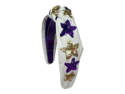 Headband Knot - Sequin Star - White w/ Purple & Gold