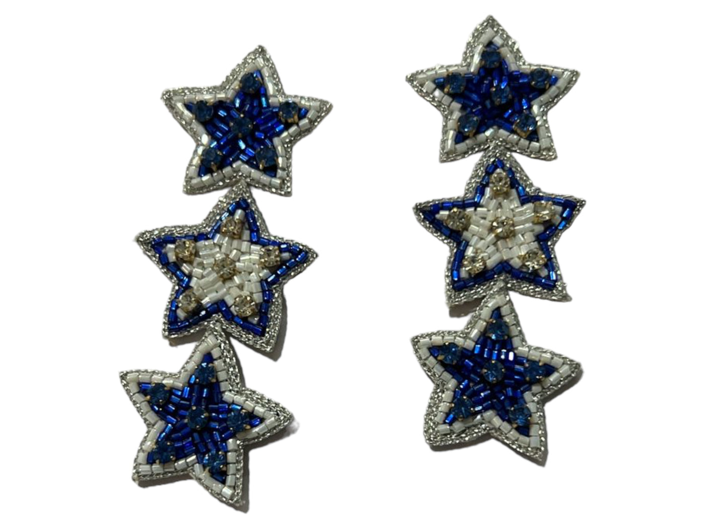 Beaded Triple Star Dangle Earrings - Blue and Silver