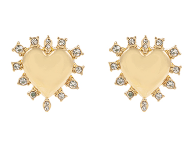 Valentine's Heart Enamel Stud Earrings - Gold with Clear Rhinestone