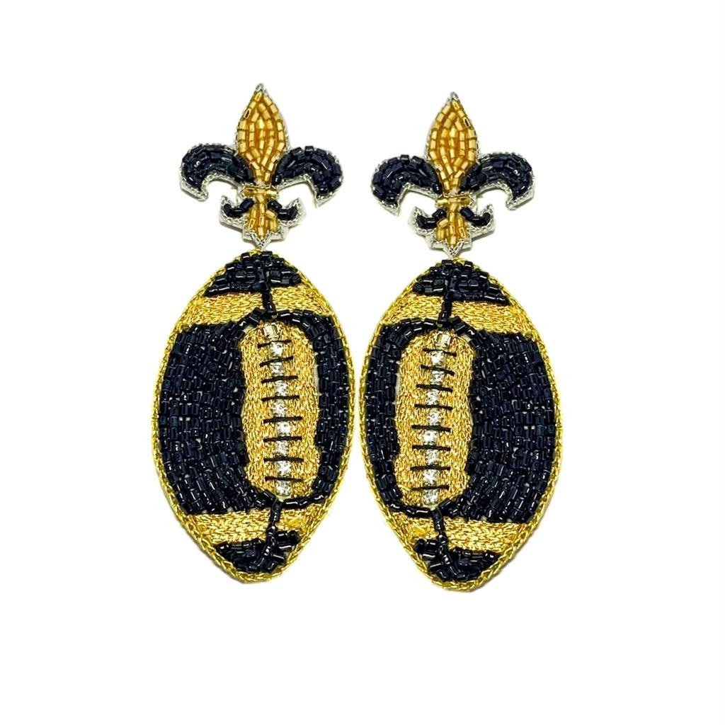 WS Fleur De Lis Football Earrings - Black and Gold