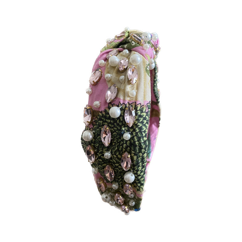 Floral Print Headband - Rhinestone Pearl Pink Peacock