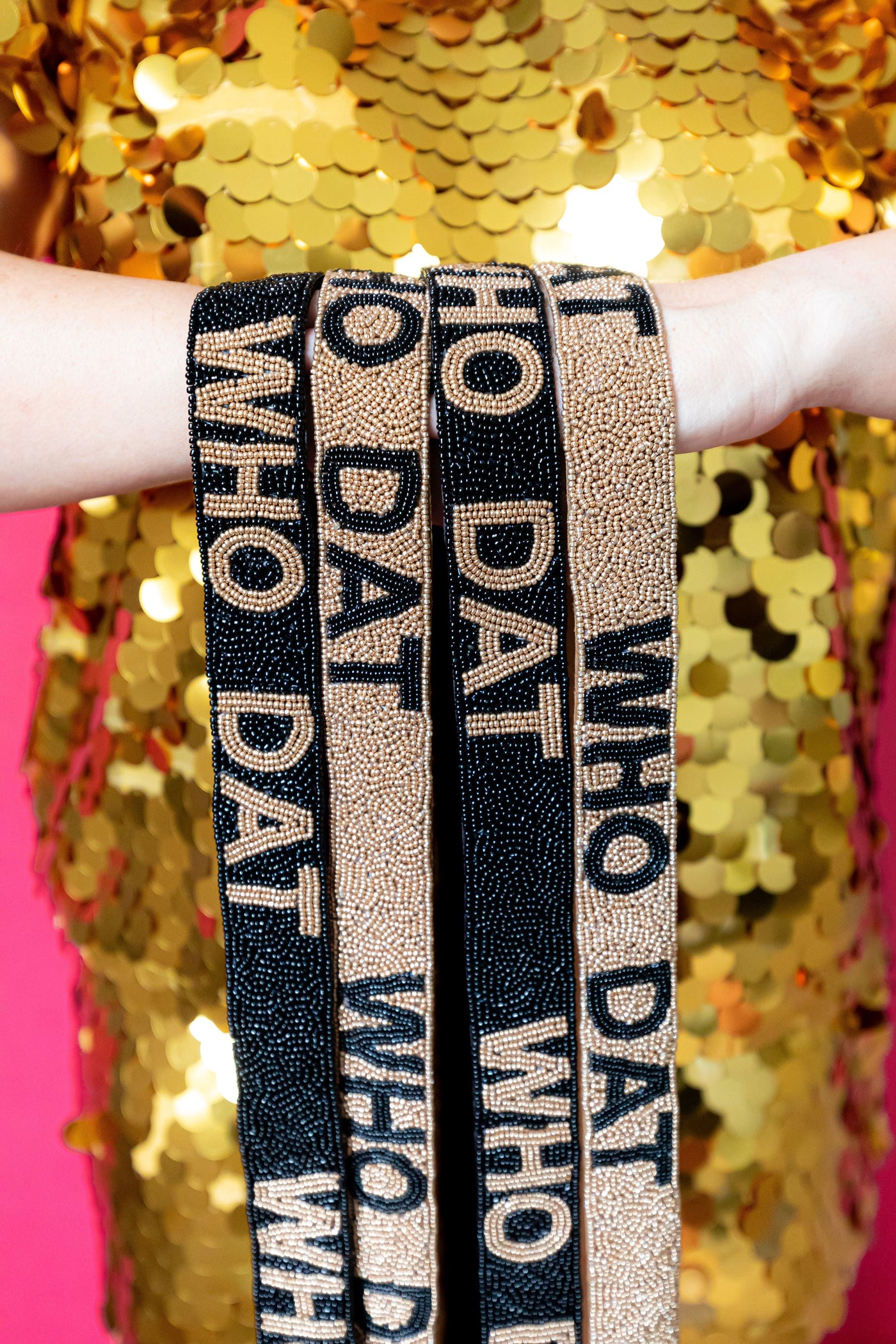 Seed Bead Bag Strap - Gold w/ Black Who Dat